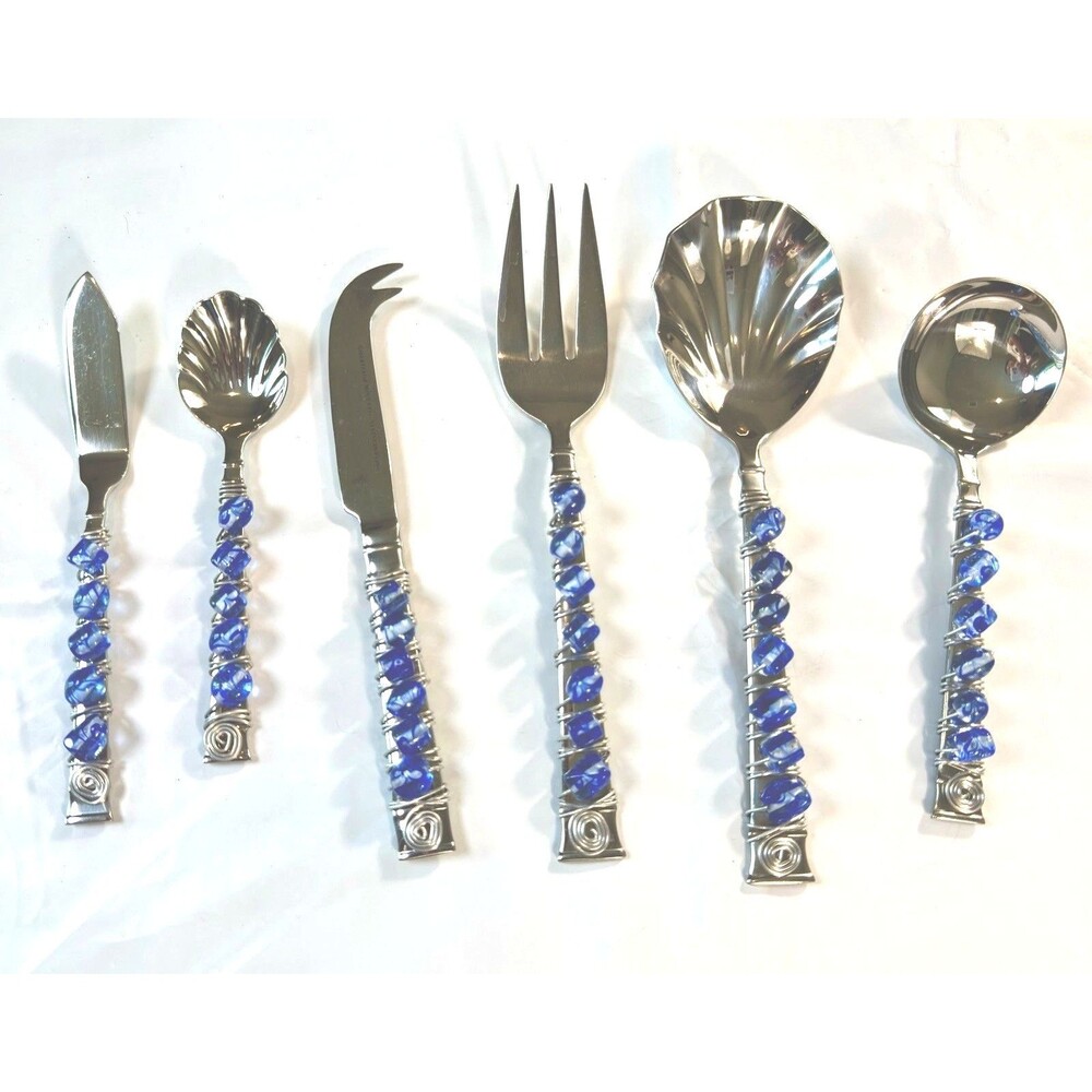 Heritage Mint 6 Pc Beaded Serving Set Blue White Swirl Glass Wire Wrapped